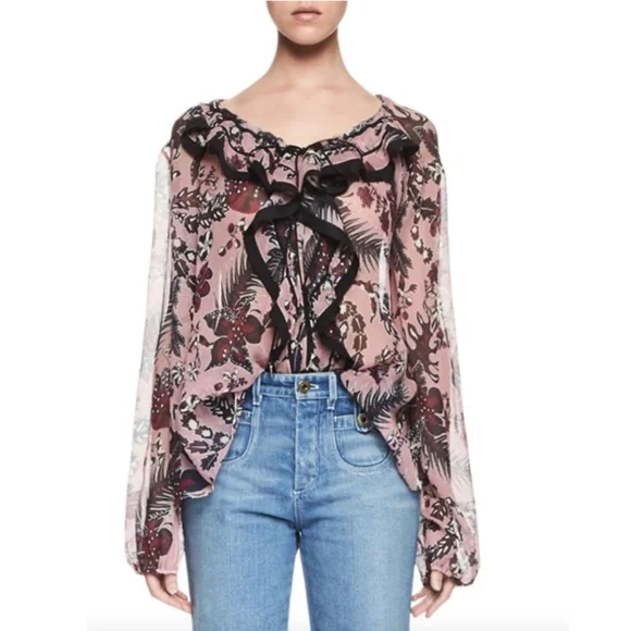 CHLOE Ruffled Cactus-Print Silk Blouse, Pink/Burgandy - Picture 4 of 12